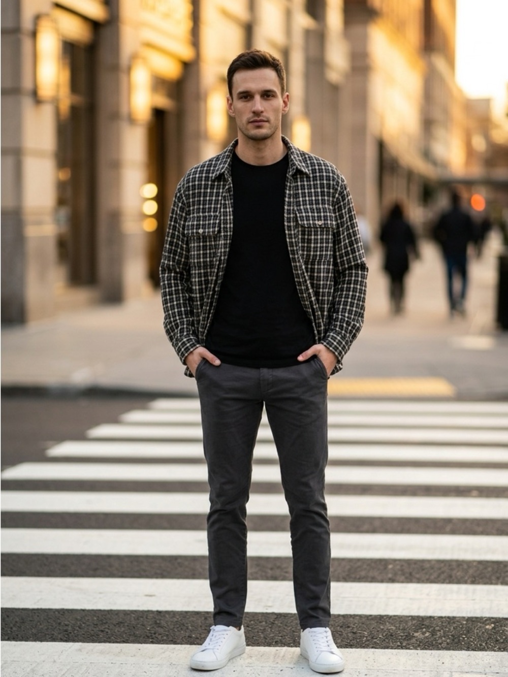Casual Black & White Plaid Button-Down Shirt Jacket - Men